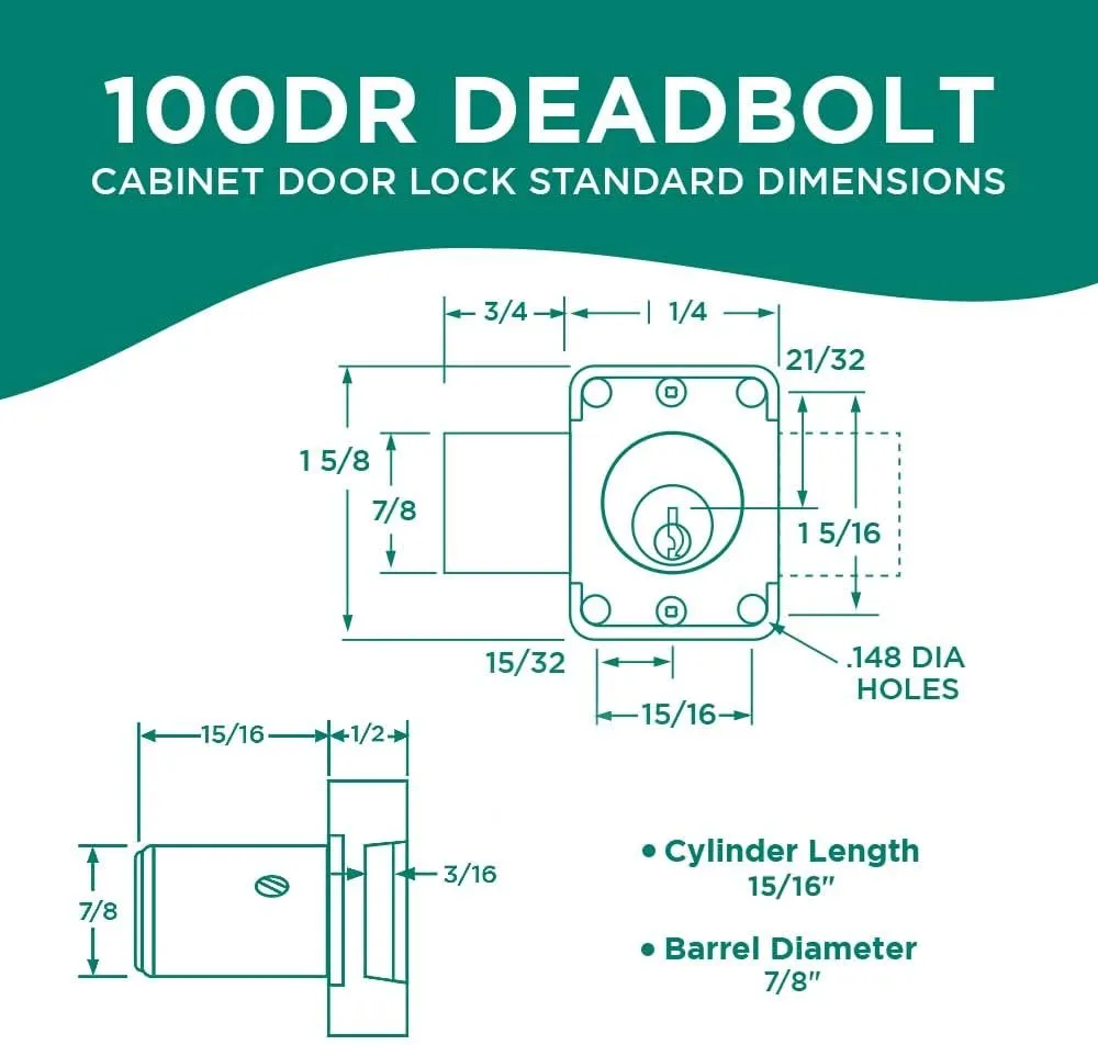 100DR Deadbolt Lock | 7/8” Chrome Key US26D | NATL KA915 Easily Rekeyable Cabinet Door Lock, Keyed Alike | Grade 1 Door Locks with Keys | Deadbolt Cabinet Locks | Cabinet Lock for Doors
