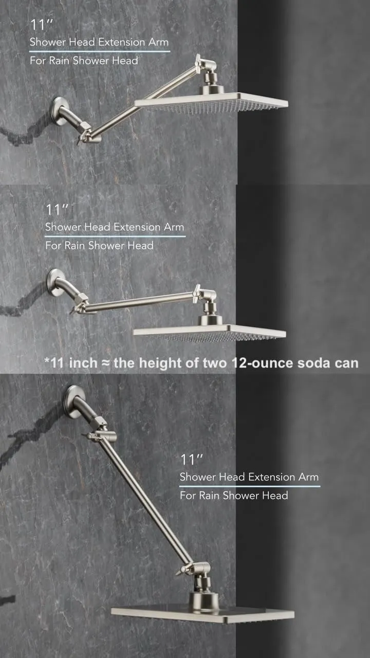 11 Inch Adjustable Shower Head Extension Arm With Locking Set Screw, Singing Rain Brass Nickel Brushed Angle Height Adjustable, Easy To Install, G1/2 Universal Connector Compatible (Nickel Brushed)