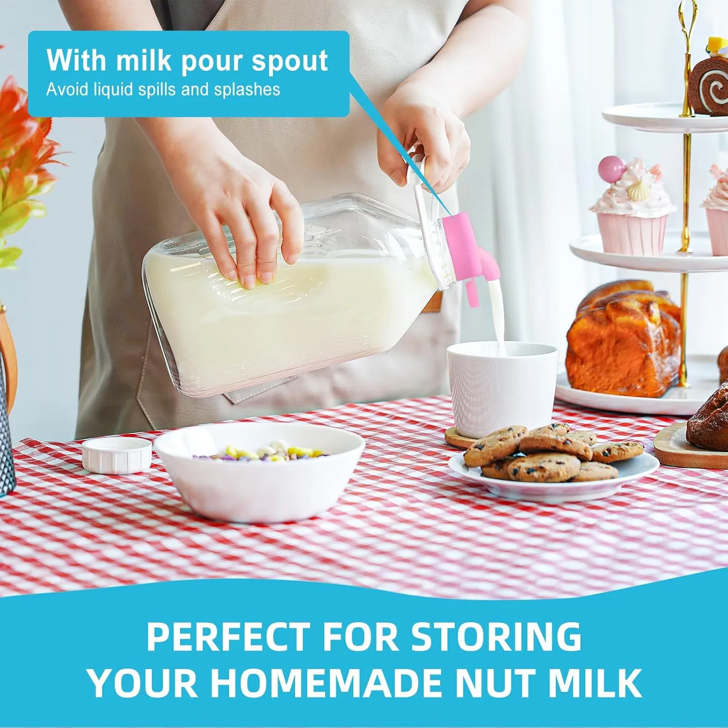1/2 Gallon Glass Milk Bottle with REUSABLE AIRTIGHT SCREW Lid & Handle - 2 Qt Heavy Duty Glass Water Bottles - Breastmilk Jug Pitcher with Scale Lines, Milk Container for Refrigerator Storage