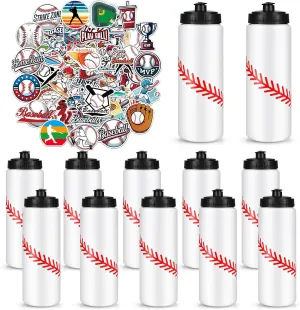 12 Pack Baseball Sports Water Bottle Bulk with 300PCS Sticker Gift Set, Squeeze BPA-Free Reusable Water Bottles for Boys Baseball Team Party Favors Gift(20OZ)