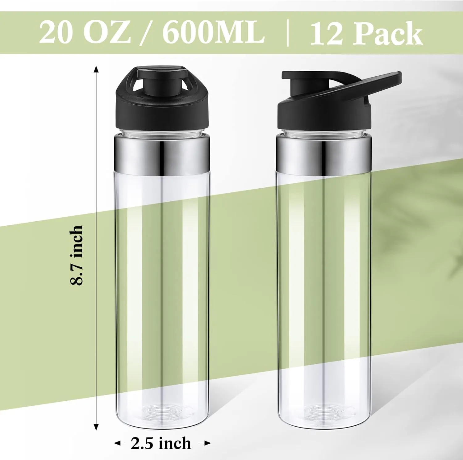 12 Pack Plastic Sports Water Bottles Bulk 20 oz Reusable Water Bottles Without BPA Lightweight Leak Proof with Handle Set for Adult School Teams, No Straw
