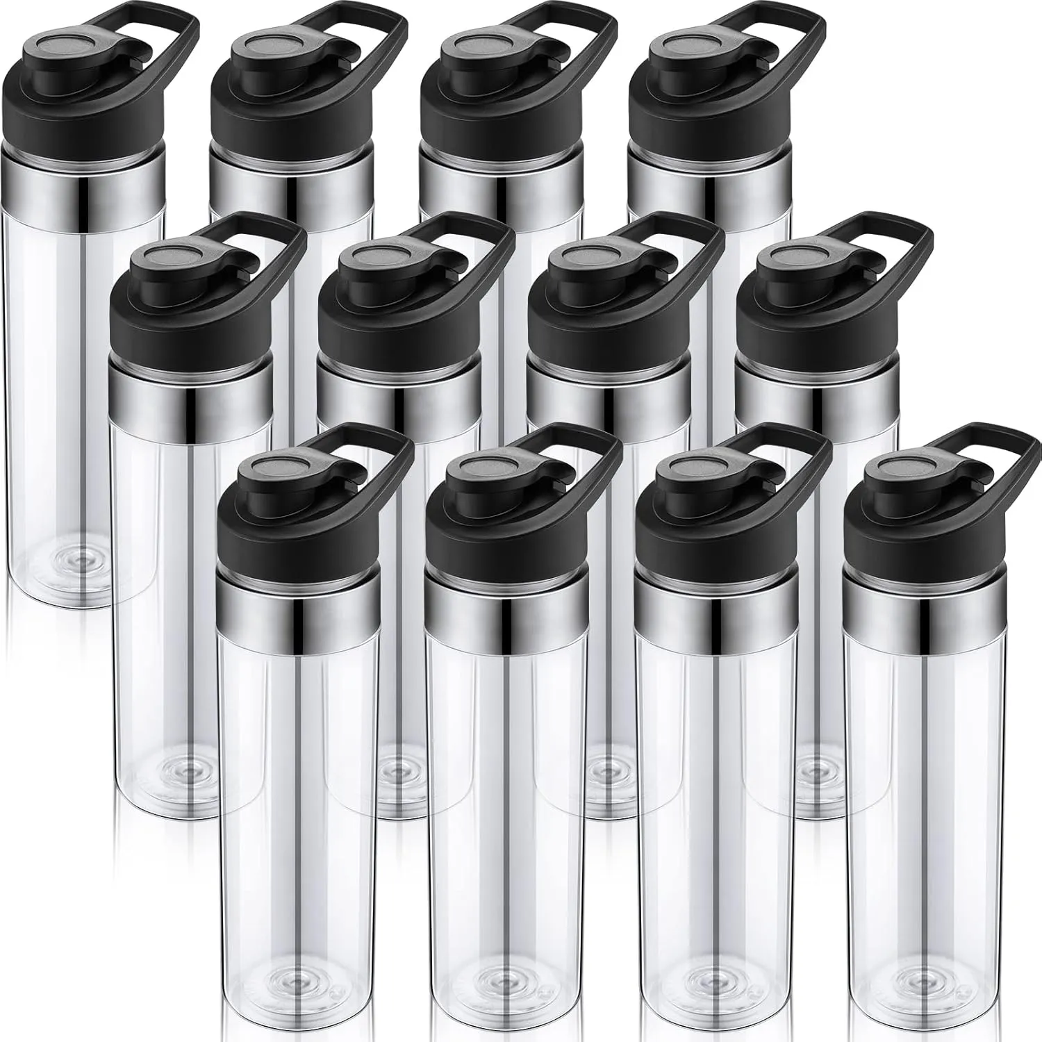 12 Pack Plastic Sports Water Bottles Bulk 20 oz Reusable Water Bottles Without BPA Lightweight Leak Proof with Handle Set for Adult School Teams, No Straw