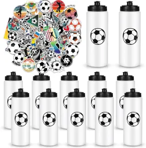 12 Pack Soccer Sports Water Bottle Bulk with 300PCS Stickers Gift Set, Squeeze BPA-Free Reusable Water Bottles for Boys Soccer Team Party Favors Gift(20OZ)