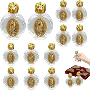 12 Pcs Catholic Holy Water Bottles 0.5 Floz Embossed Glass Holy Water Bottle with Toned Cap and Toned Depiction Communion Gifts for Family Church,Portable Favors Spiritual(Gold,Our Lady of Guadalupe)