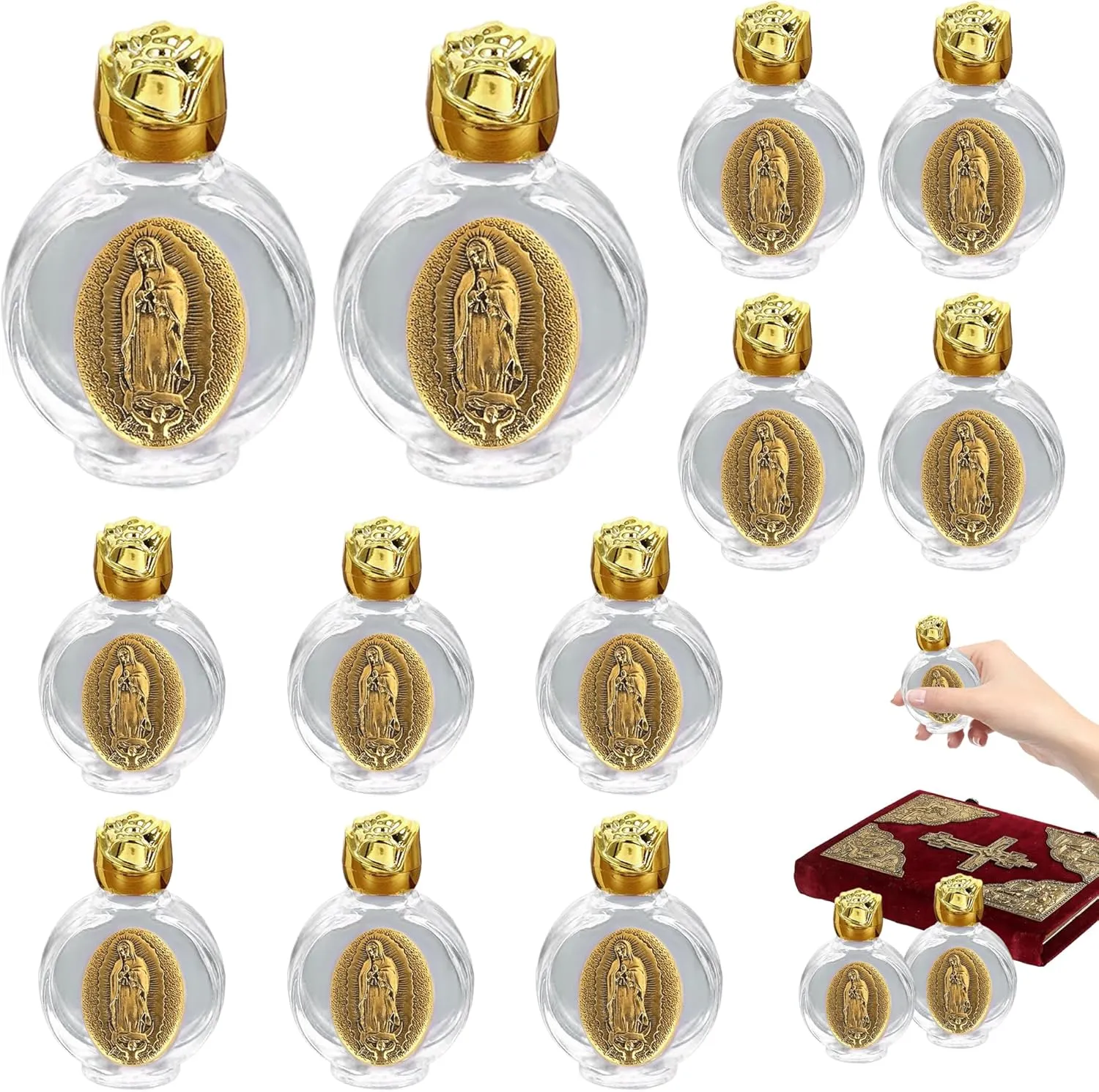 12 Pcs Catholic Holy Water Bottles 0.5 Floz Embossed Glass Holy Water Bottle with Toned Cap and Toned Depiction Communion Gifts for Family Church,Portable Favors Spiritual(Gold,Our Lady of Guadalupe)