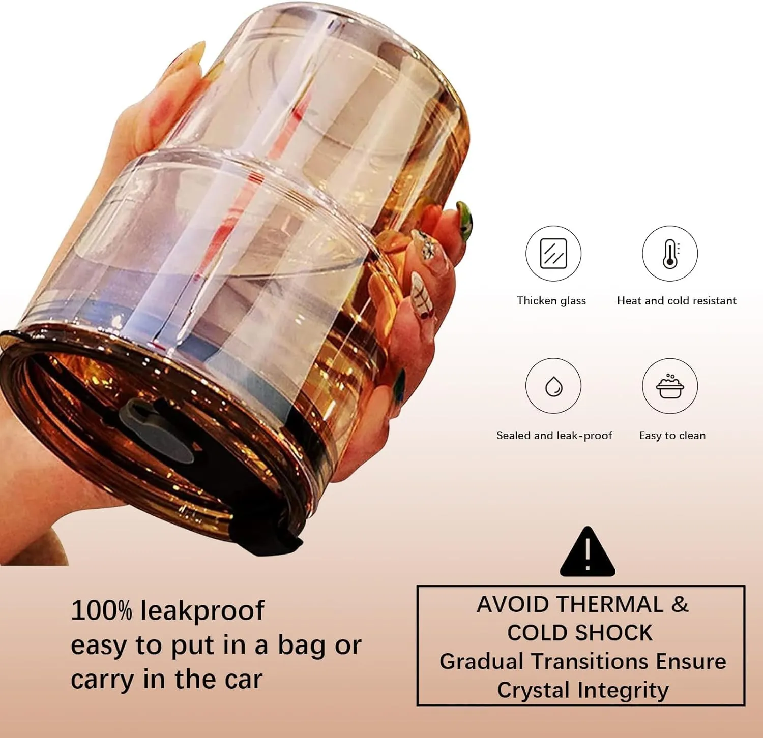 13 oz Tumbler Water Glass, Water Bottle with Straw and Dustproof Lid, Coffee Ice Cup Double Wall Insulated Glass Cup (Amber-4pack)