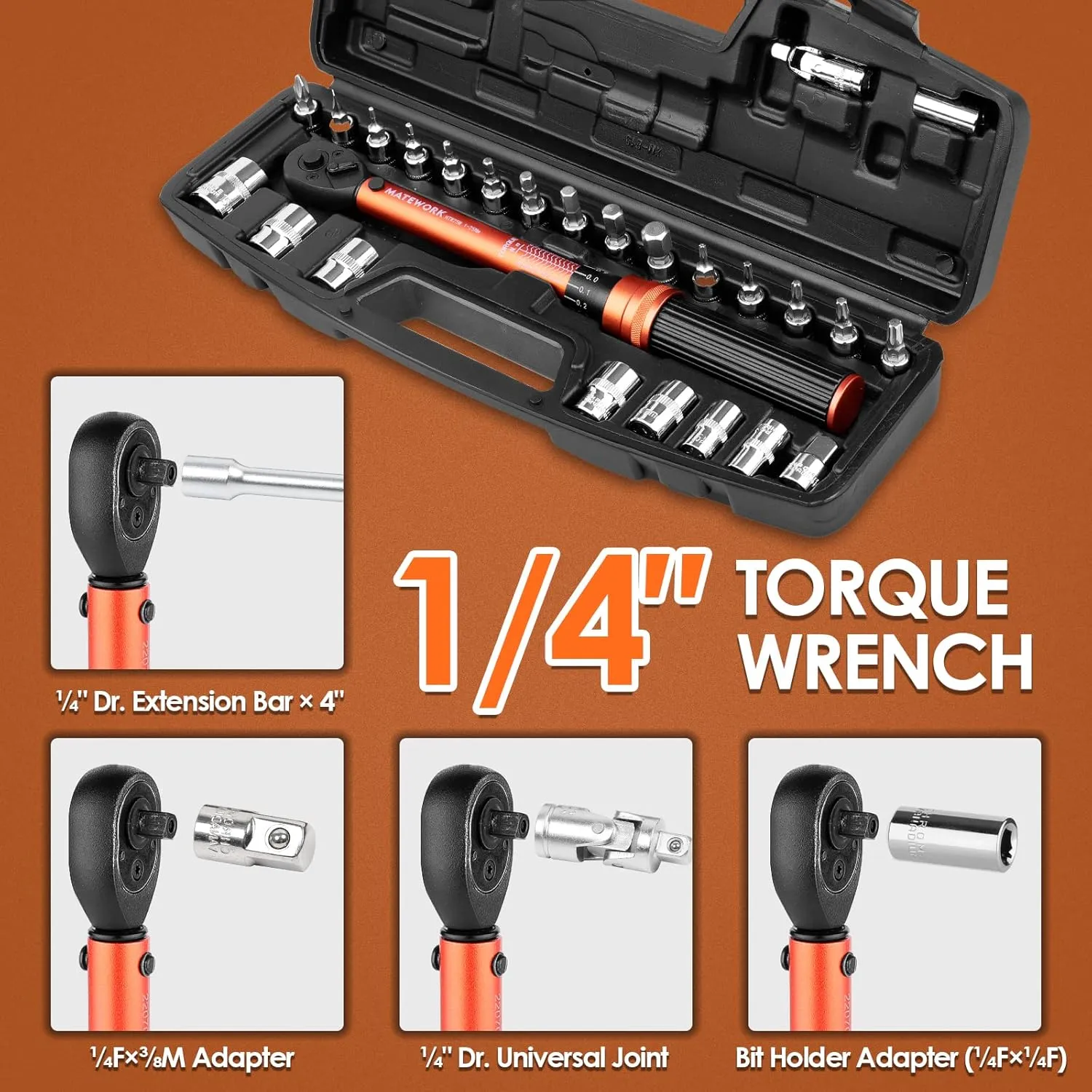 1/4 Inch Drive Click Torque Wrench, 27 PCS Bike Torque Wrench Set Double Scale (1-25Nm/8.9-221.3lb.in), 0.1Nm High Precision with Bit Sockets, 3/8 Adapter, Extension Bar, for Bicycle Maintenance