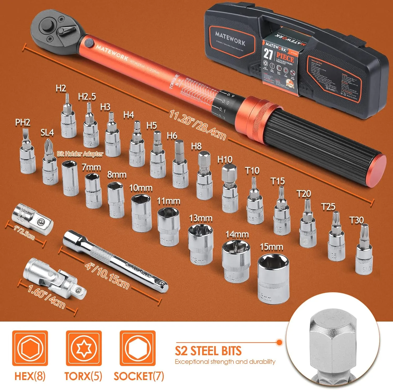 1/4 Inch Drive Click Torque Wrench, 27 PCS Bike Torque Wrench Set Double Scale (1-25Nm/8.9-221.3lb.in), 0.1Nm High Precision with Bit Sockets, 3/8 Adapter, Extension Bar, for Bicycle Maintenance