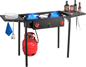 2 burner Camping Stove with Auto Ignition Button,Side Shelves & Regulator150,000 BTU Gas Stove Propane Burner for Outdoor BBQ&Backyard Cooking Camping Home