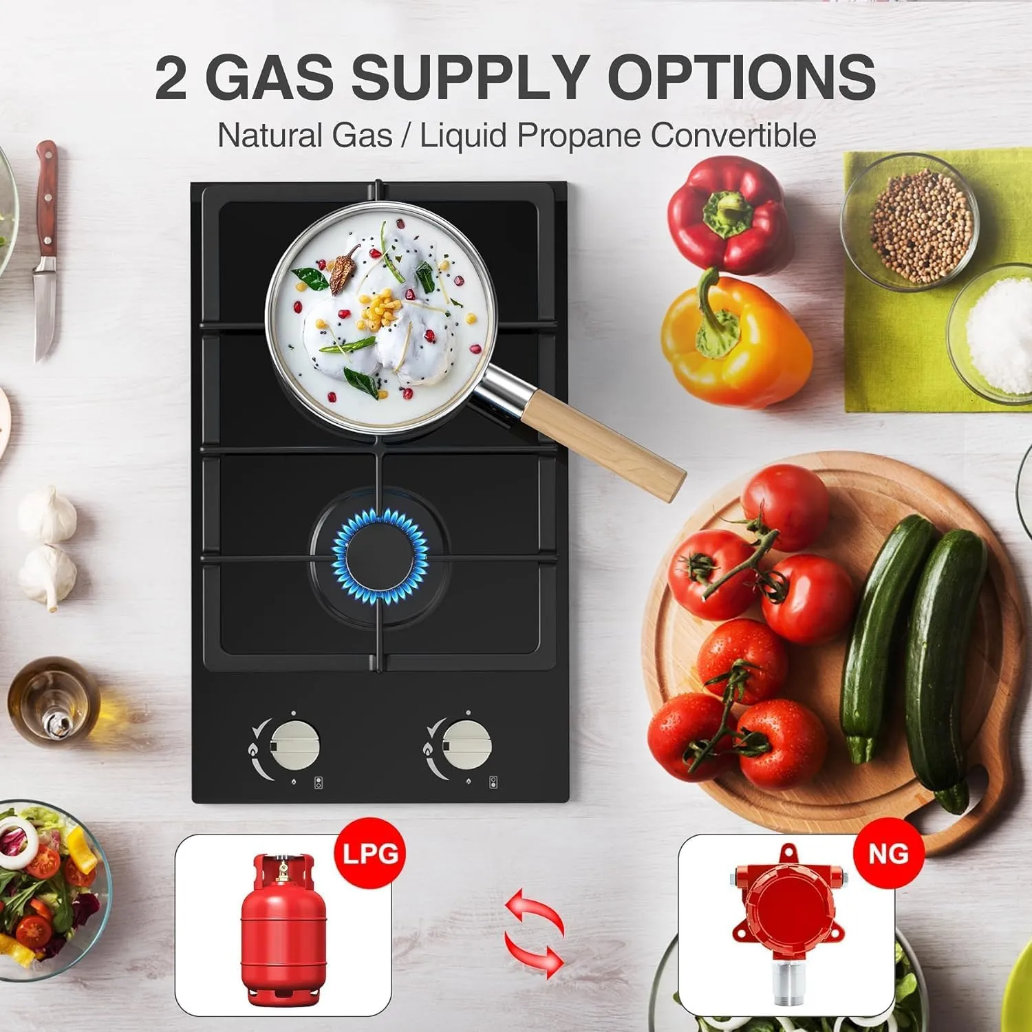 2 Burner Gas Cooktop, NG/LPG Dual Fuel Stove Top, Built-in Cooker With Thermocouple Protection, Tempered Glass Propane Cooktop, Electronic Ignition Hob for Outdoor, Camping, RV