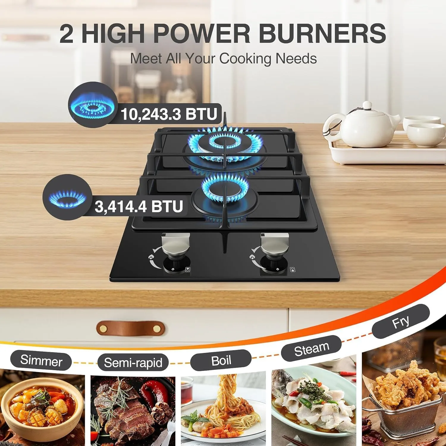2 Burner Gas Cooktop, NG/LPG Dual Fuel Stove Top, Built-in Cooker With Thermocouple Protection, Tempered Glass Propane Cooktop, Electronic Ignition Hob for Outdoor, Camping, RV