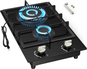 2 Burner Gas Cooktop, NG/LPG Dual Fuel Stove Top, Built-in Cooker With Thermocouple Protection, Tempered Glass Propane Cooktop, Electronic Ignition Hob for Outdoor, Camping, RV