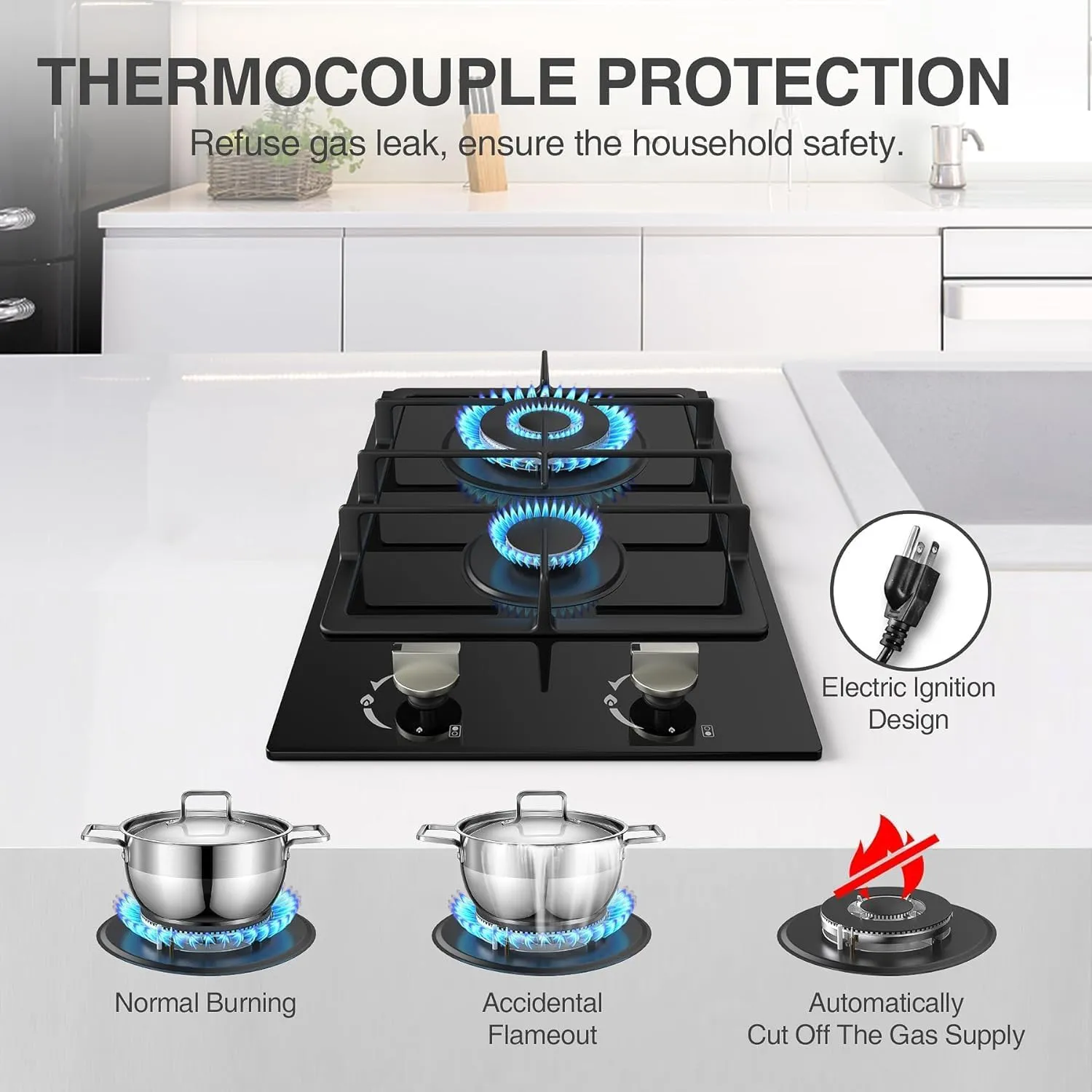 2 Burner Gas Cooktop, NG/LPG Dual Fuel Stove Top, Built-in Cooker With Thermocouple Protection, Tempered Glass Propane Cooktop, Electronic Ignition Hob for Outdoor, Camping, RV