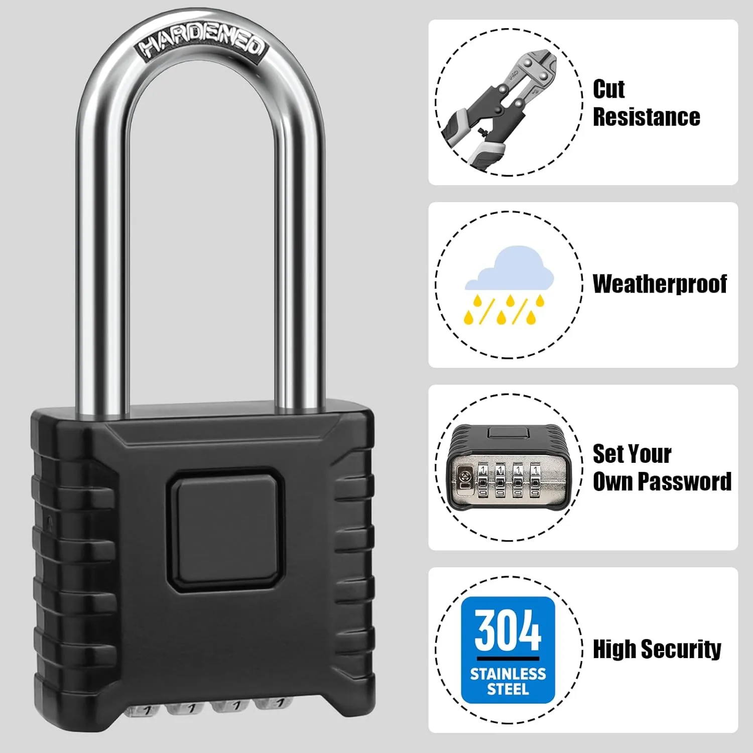 2 Pack 2.3in Long Shackle Combination Padlock [One-Touch Unlocking], Diyife Large Heavy Duty Outdoor Padlock Design of Hidden Password, High Security for Locker, Gym, Garden, Fences, Garage, Black