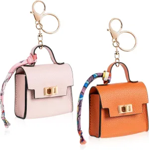 2 PACK Mini Backpack Keychain, Cute Cosmetic Bag for Purse with Wrist Strap, PU Leather Makeup Bag Headphone Pouch for Girls Women, Birthday/Party/Christmas Gifts (Ladder)