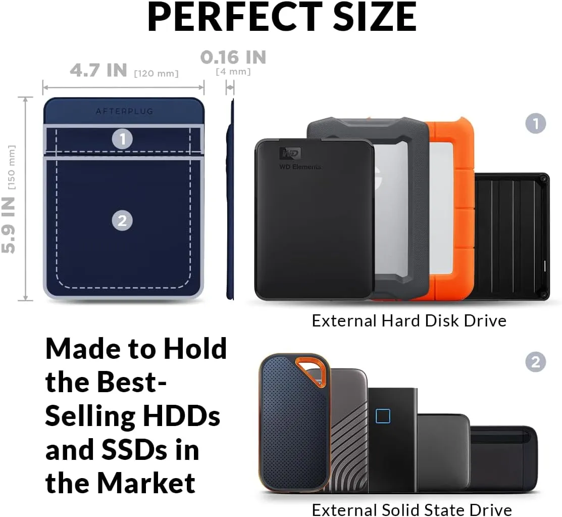 2-Pocket Adhesive Pouch for Laptop, Compatible with External 2.5" HDD, SSD, Magic Mouse, USB Cable and More - Blue