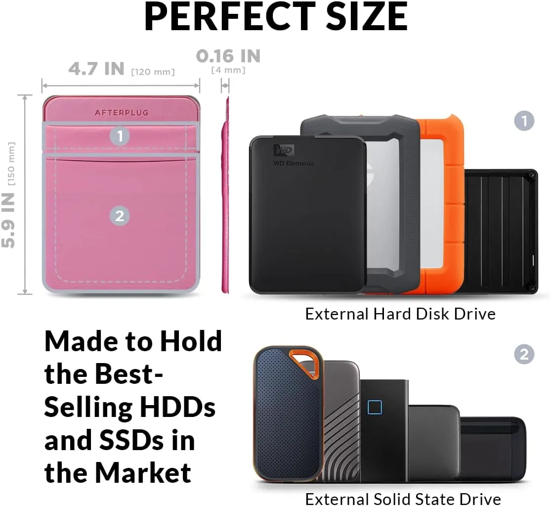 2-Pocket Adhesive Pouch for Laptop, Compatible with External 2.5" HDD, SSD, Magic Mouse, USB Cable and More - Pink