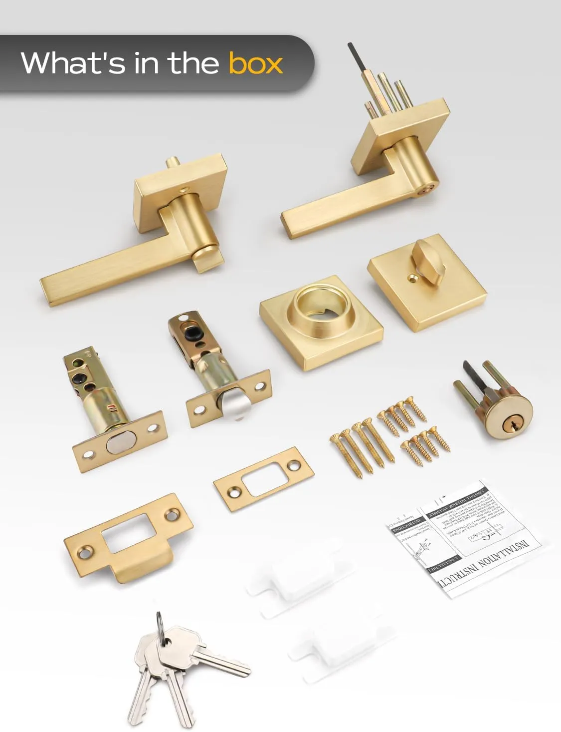 2 Sets Entry Door Handle and Single Cylinder Deadbolt Lock and Key Combo Pack - Heavy Duty Square Locking Lever Set - Interior/Exterior Door Levers in Satin Brass Finish