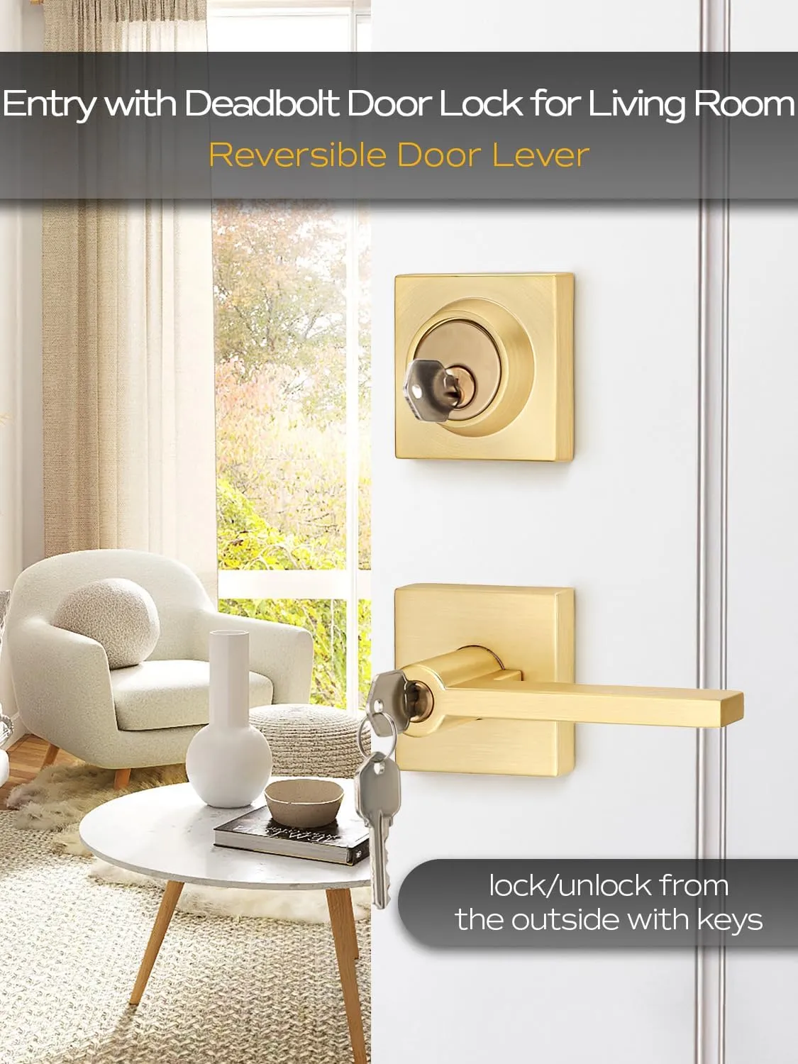 2 Sets Entry Door Handle and Single Cylinder Deadbolt Lock and Key Combo Pack - Heavy Duty Square Locking Lever Set - Interior/Exterior Door Levers in Satin Brass Finish