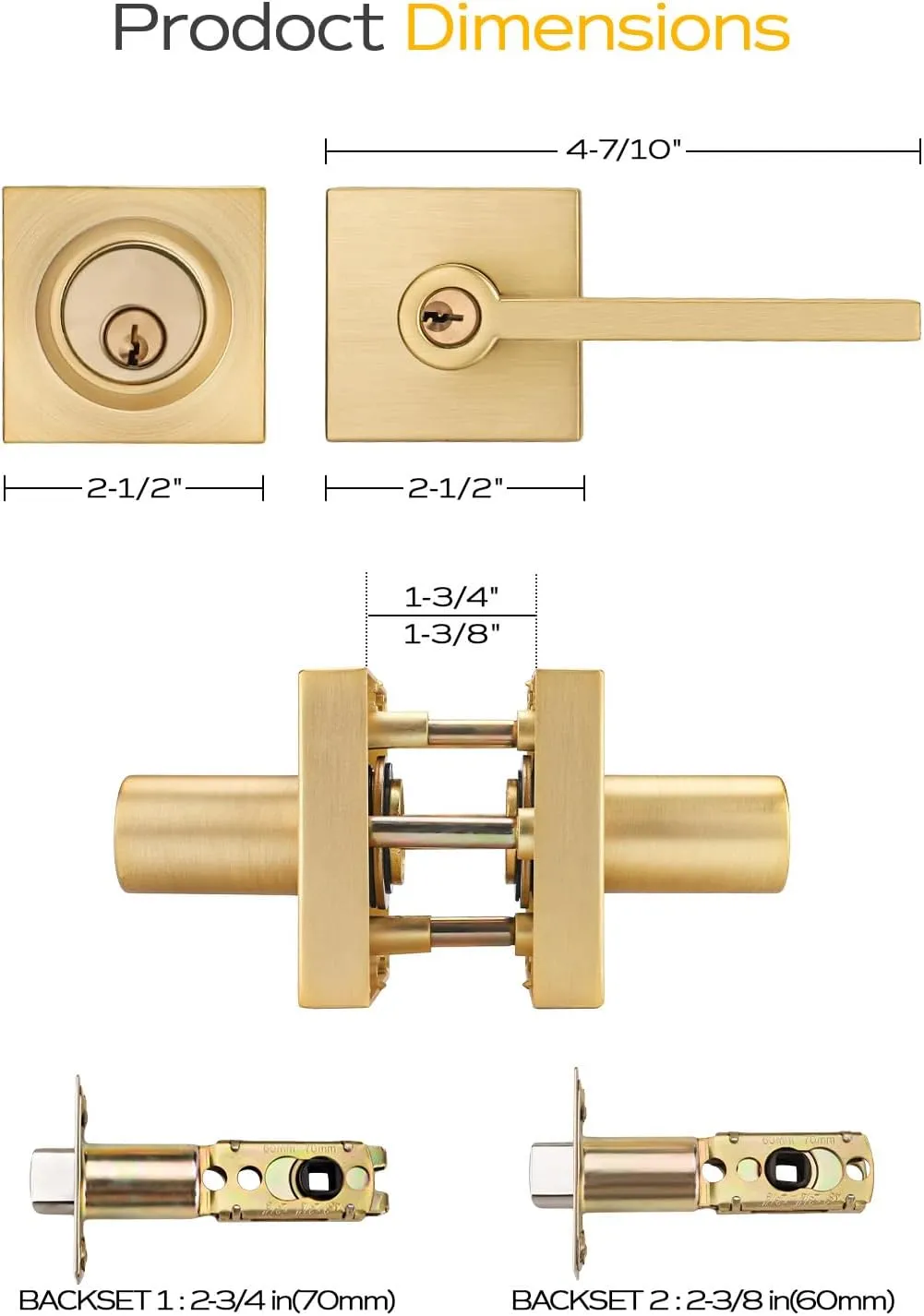 2 Sets Entry Door Handle and Single Cylinder Deadbolt Lock and Key Combo Pack - Heavy Duty Square Locking Lever Set - Interior/Exterior Door Levers in Satin Brass Finish