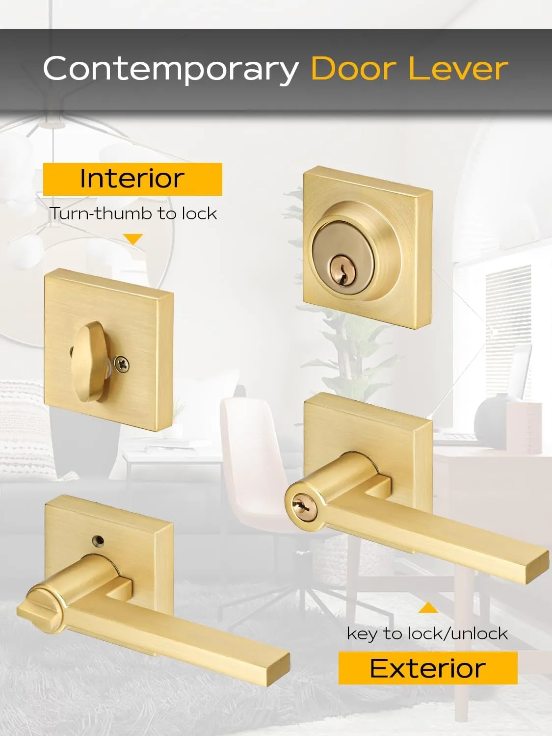2 Sets Entry Door Handle and Single Cylinder Deadbolt Lock and Key Combo Pack - Heavy Duty Square Locking Lever Set - Interior/Exterior Door Levers in Satin Brass Finish