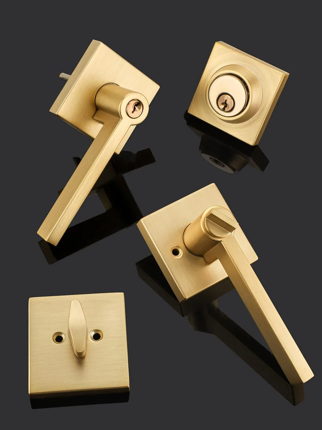 2 Sets Entry Door Handle and Single Cylinder Deadbolt Lock and Key Combo Pack - Heavy Duty Square Locking Lever Set - Interior/Exterior Door Levers in Satin Brass Finish