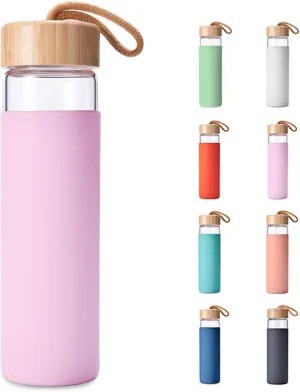 20 Oz Borosilicate Glass Water Bottle with Bamboo Lid and Silicone Sleeve – Reusable BPA Free Drinking Bottle with Lids - Cute Bottle for Women - Glass Shaker Bottle (Lavender Pink)
