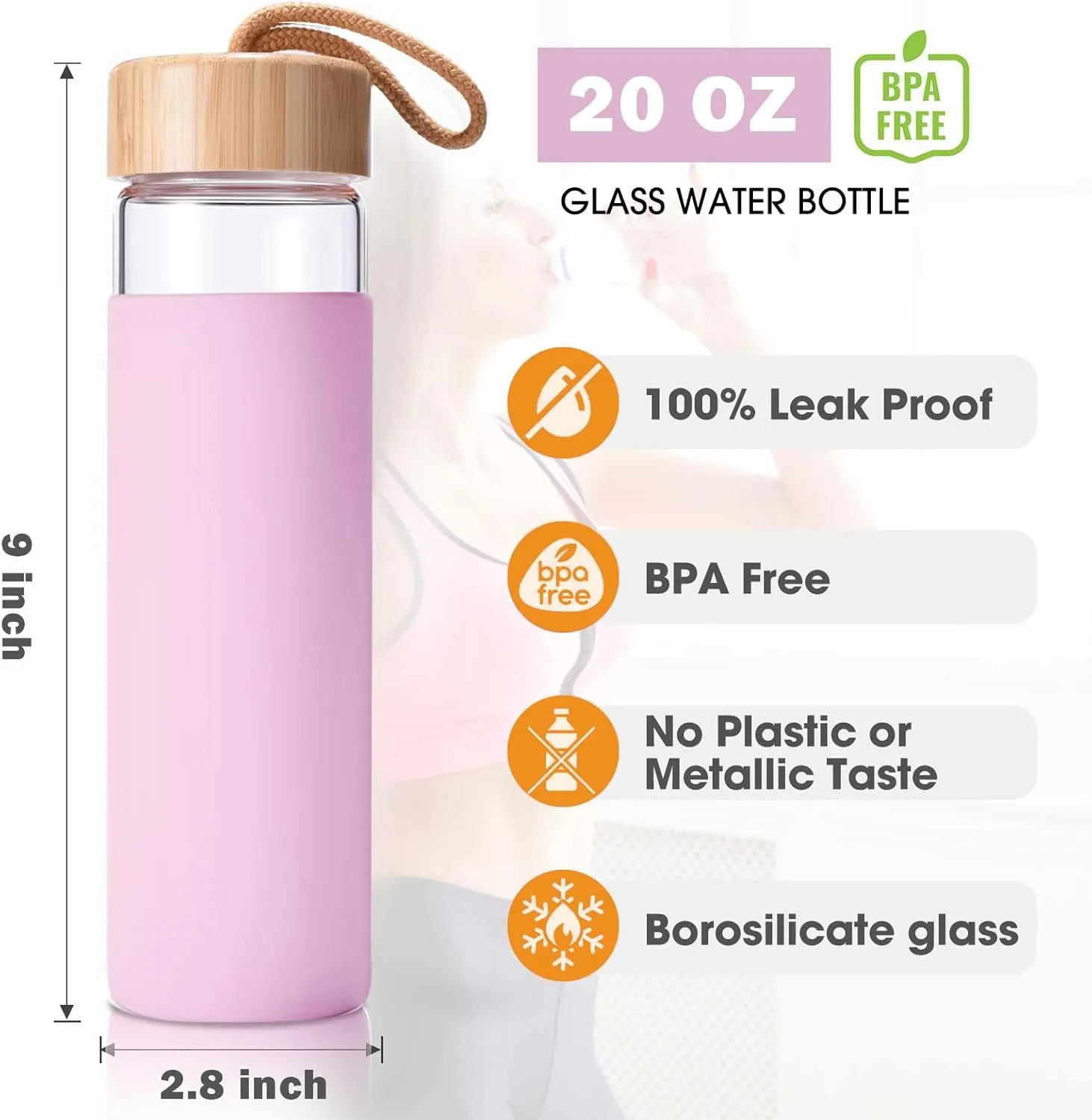 20 Oz Borosilicate Glass Water Bottle with Bamboo Lid and Silicone Sleeve – Reusable BPA Free Drinking Bottle with Lids - Cute Bottle for Women - Glass Shaker Bottle (Lavender Pink)