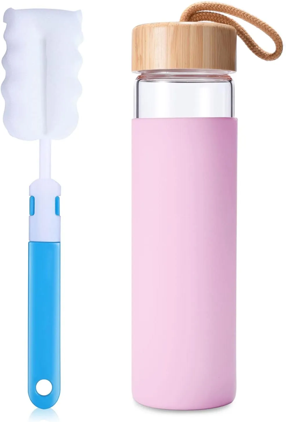 20 Oz Borosilicate Glass Water Bottle with Bamboo Lid and Silicone Sleeve – Reusable BPA Free Drinking Bottle with Lids - Cute Bottle for Women - Glass Shaker Bottle (Lavender Pink)