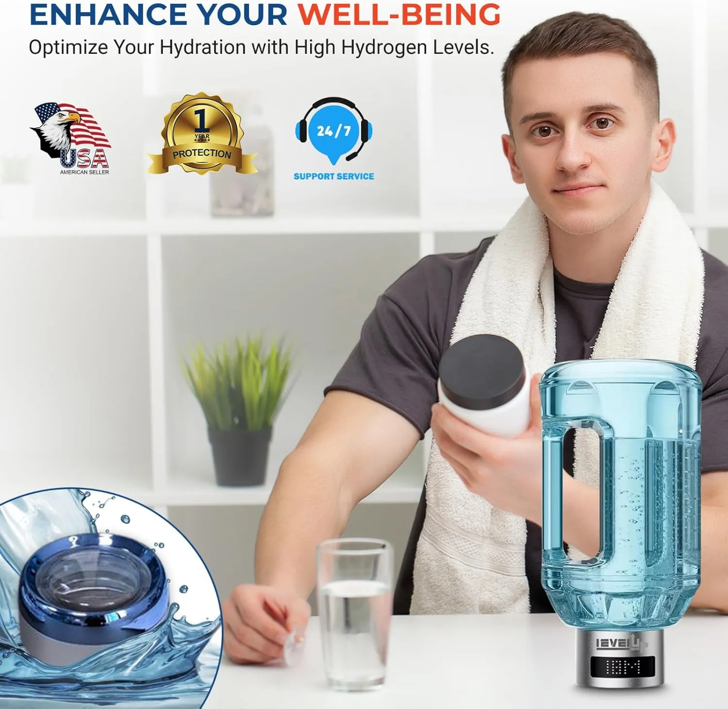 2025 Hydrogen Water Bottle Jug – Portable Hydrogen Water Generator with Digital Display – Up To 4000PPB - 51oz Capacity – Premium Hydration Solution for Home, Office & Gym