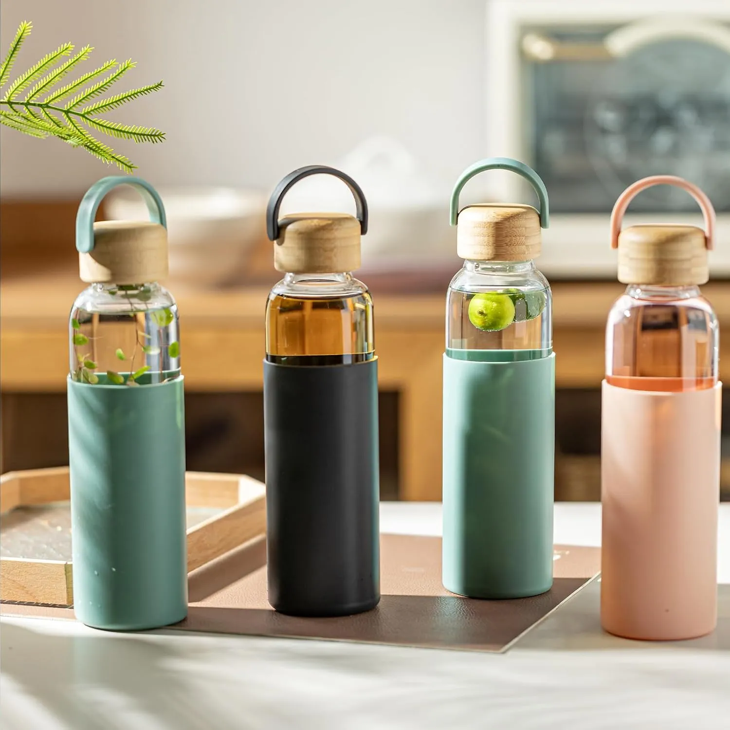 21oz Borosilicate Glass Water Bottle with Non-Slip Sleeve & Leak-Proof Lid-Reusable Drink Bottle for Office,Travel,Gym,Hiking-Ideal Gift for Home,Car & Fitness Enthusiasts (Pink Black Green)