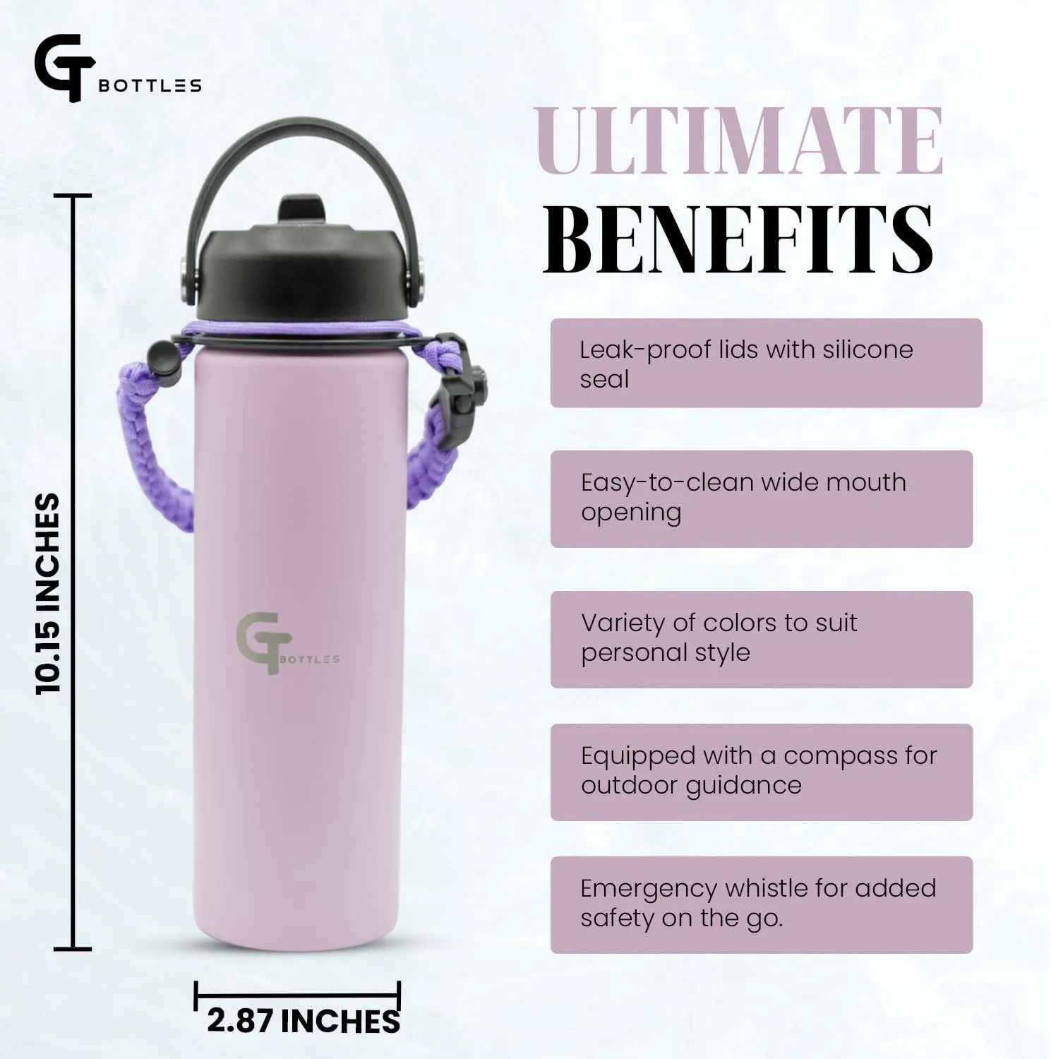 22oz Stainless Steel Vacuum Insulated Wide Mouth Water Bottle with 3 Lids and Paracord Handle for Hot & Cold Beverage (Light Purple, 22oz)
