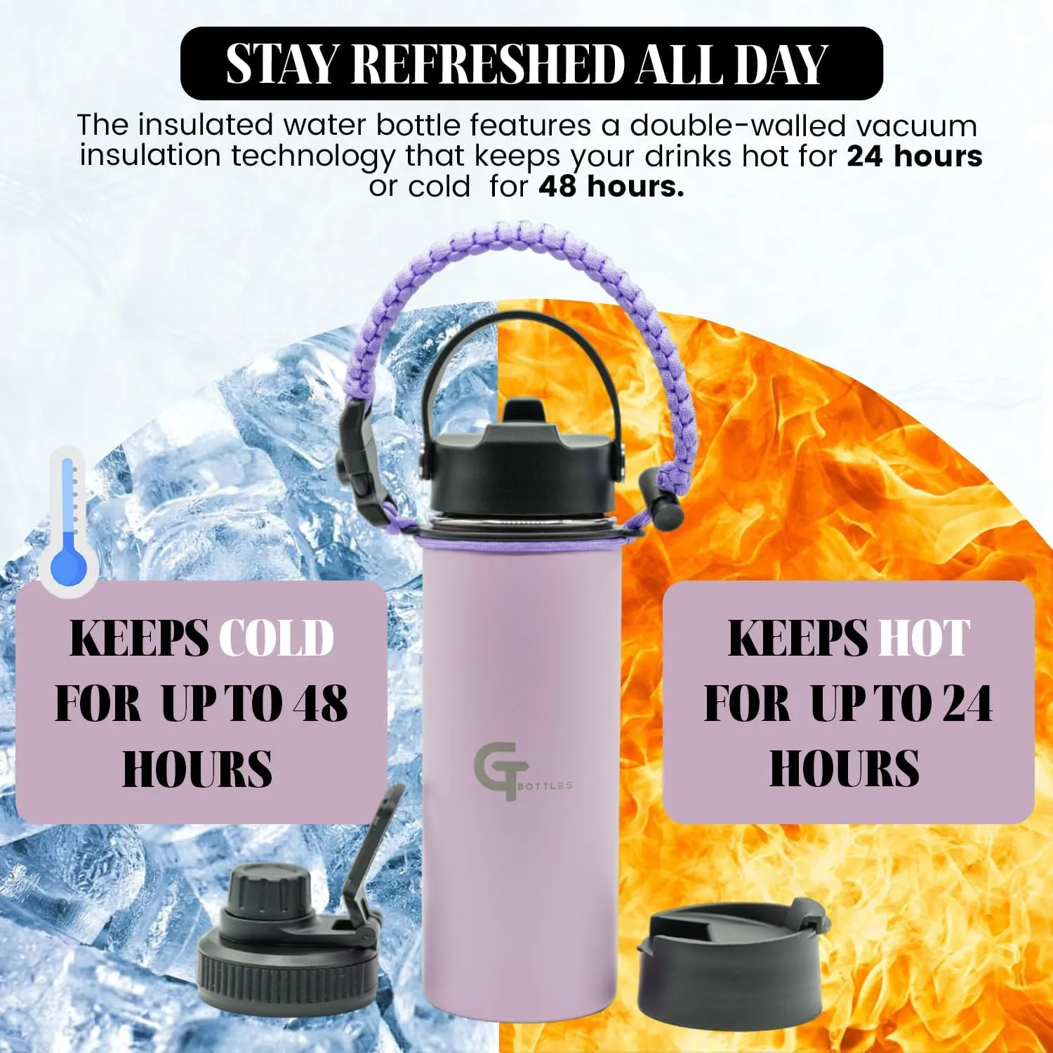 22oz Stainless Steel Vacuum Insulated Wide Mouth Water Bottle with 3 Lids and Paracord Handle for Hot & Cold Beverage (Light Purple, 22oz)