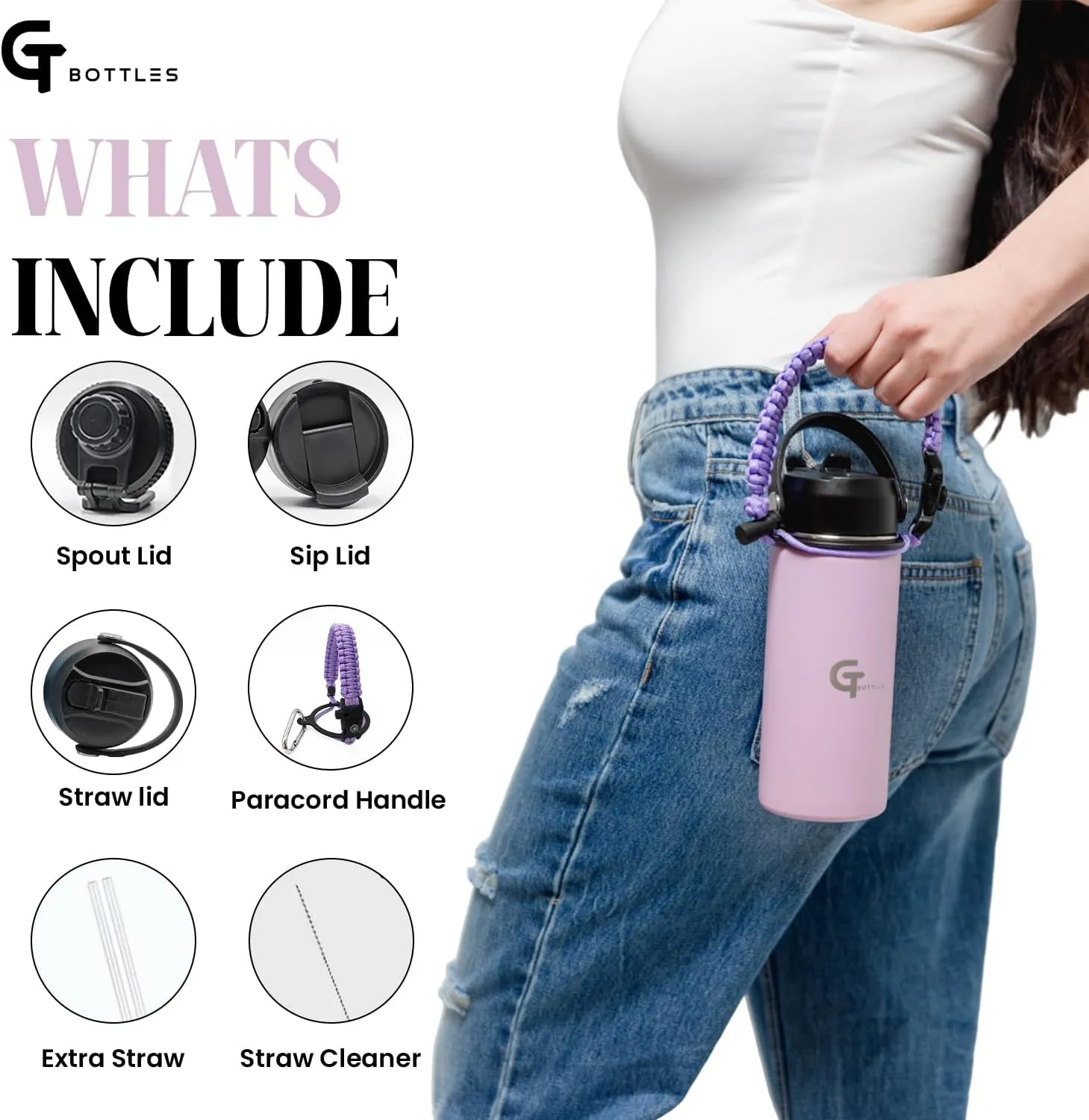 22oz Stainless Steel Vacuum Insulated Wide Mouth Water Bottle with 3 Lids and Paracord Handle for Hot & Cold Beverage (Light Purple, 22oz)