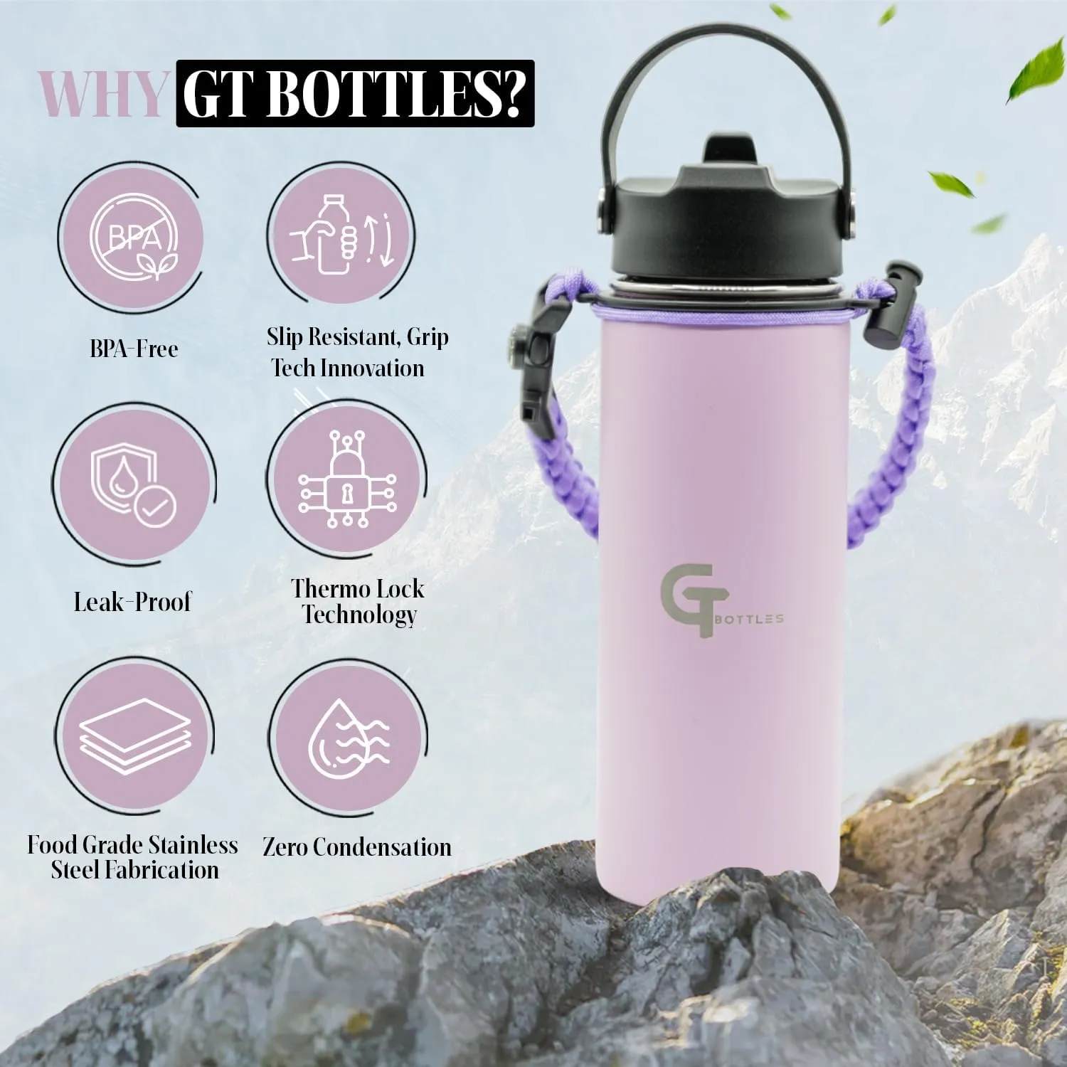 22oz Stainless Steel Vacuum Insulated Wide Mouth Water Bottle with 3 Lids and Paracord Handle for Hot & Cold Beverage (Light Purple, 22oz)