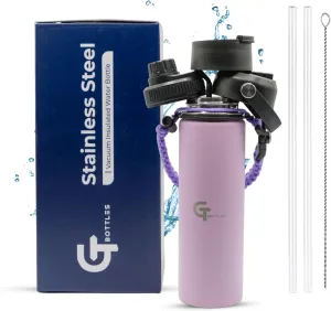 22oz Stainless Steel Vacuum Insulated Wide Mouth Water Bottle with 3 Lids and Paracord Handle for Hot & Cold Beverage (Light Purple, 22oz)