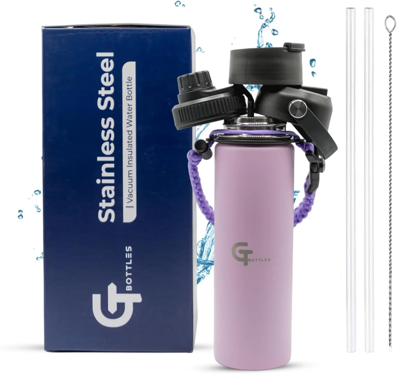 22oz Stainless Steel Vacuum Insulated Wide Mouth Water Bottle with 3 Lids and Paracord Handle for Hot & Cold Beverage (Light Purple, 22oz)