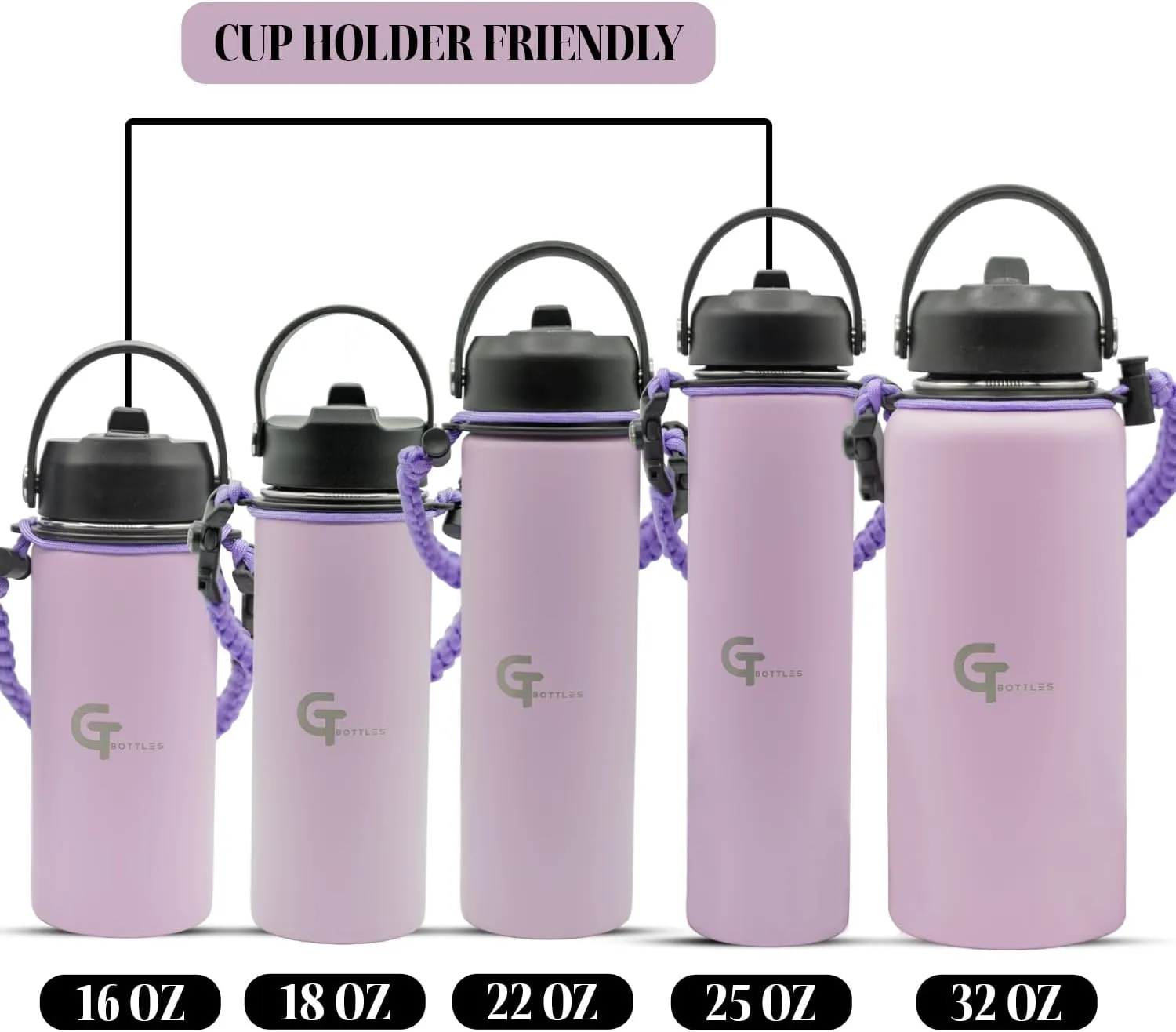 22oz Stainless Steel Vacuum Insulated Wide Mouth Water Bottle with 3 Lids and Paracord Handle for Hot & Cold Beverage (Light Purple, 22oz)