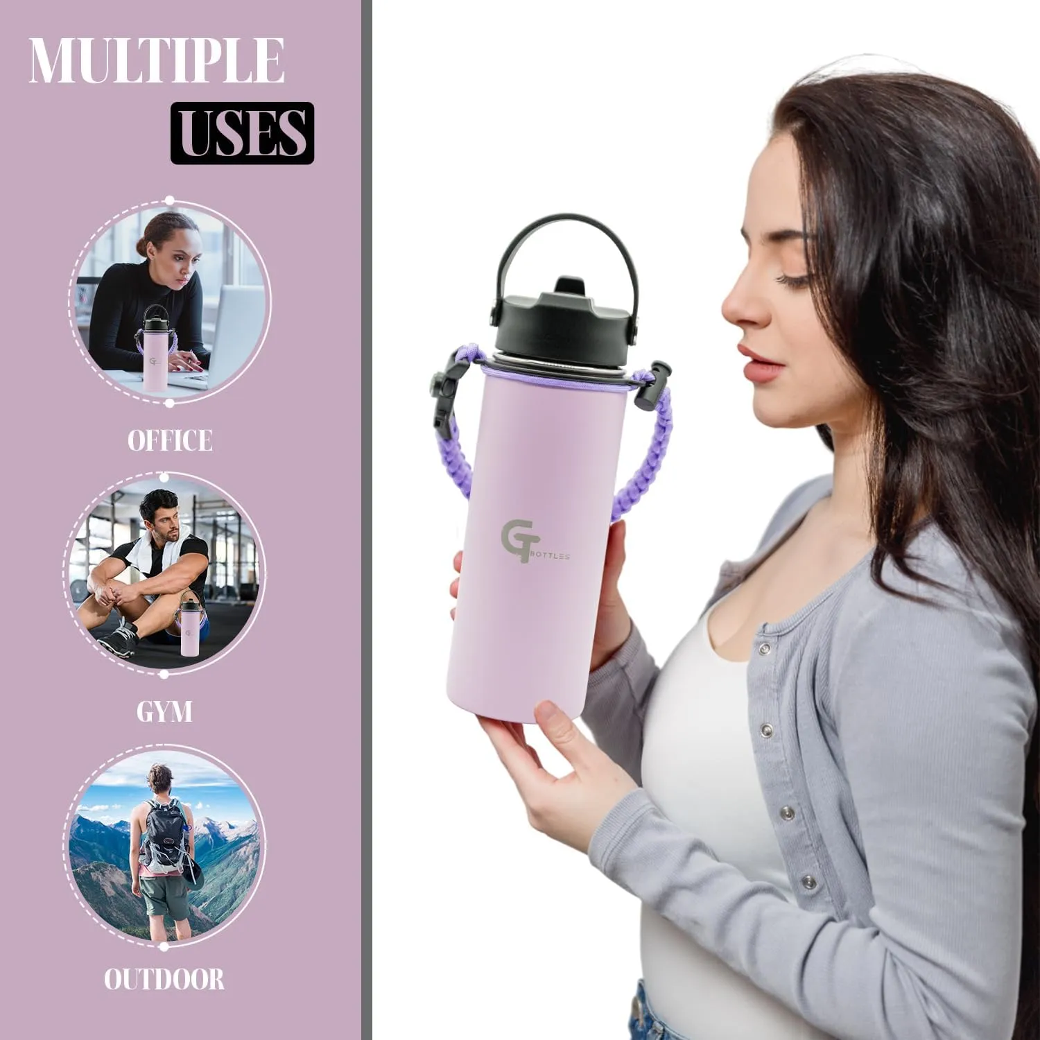 22oz Stainless Steel Vacuum Insulated Wide Mouth Water Bottle with 3 Lids and Paracord Handle for Hot & Cold Beverage (Light Purple, 22oz)