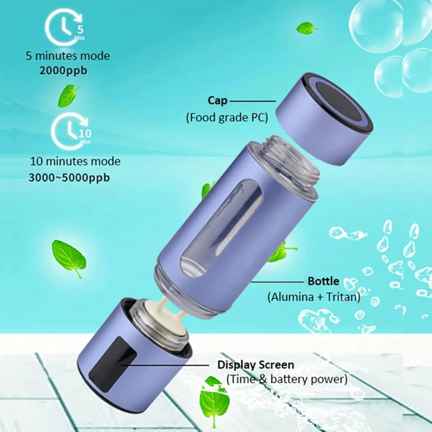 230mL Hydrogen Water Bottle, 3000-5000ppb Pure Hydrogen Rich Concentration, SPE PEM Technology, Purification Vent, LED Display, Rechargeable Water Ionizer