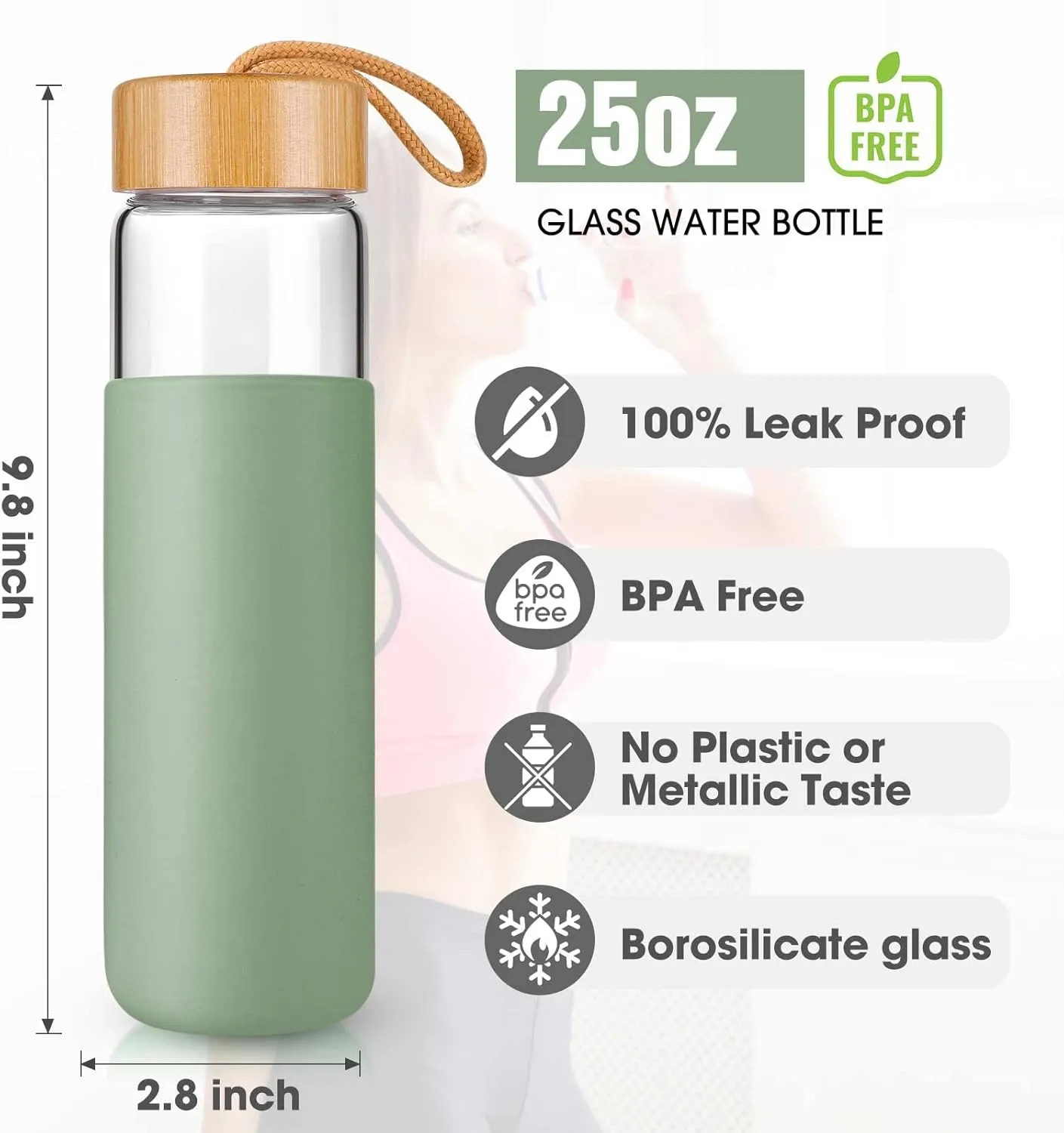 25 Oz Glass Water Bottle with Bamboo Lid - Borosilicate Glass Water Bottles with Sleeve, Wide Mouth and Dishwasher Safe Water Bottle Glass - Bonus 1x Brush(Olive)