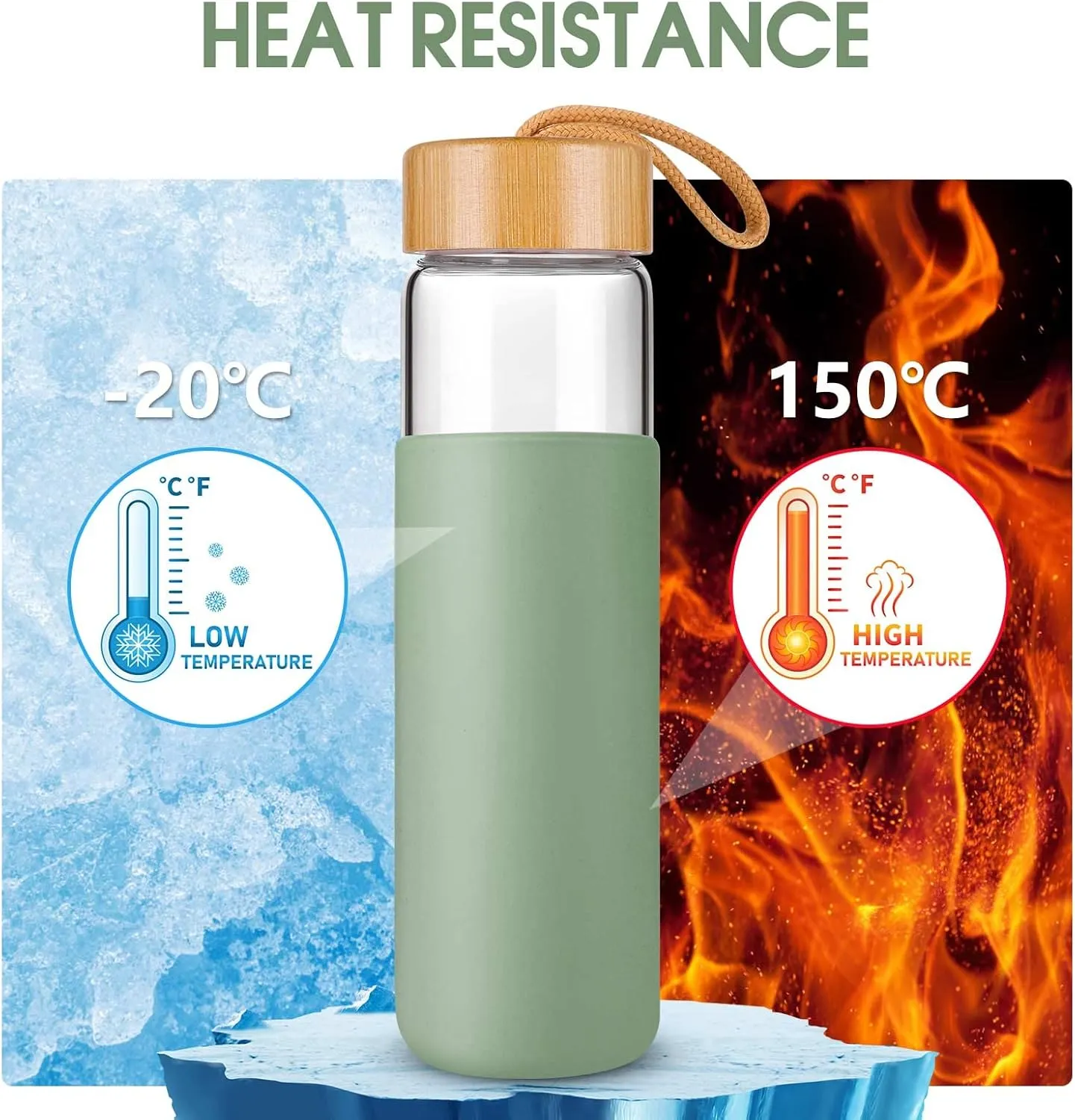 25 Oz Glass Water Bottle with Bamboo Lid - Borosilicate Glass Water Bottles with Sleeve, Wide Mouth and Dishwasher Safe Water Bottle Glass - Bonus 1x Brush(Olive)