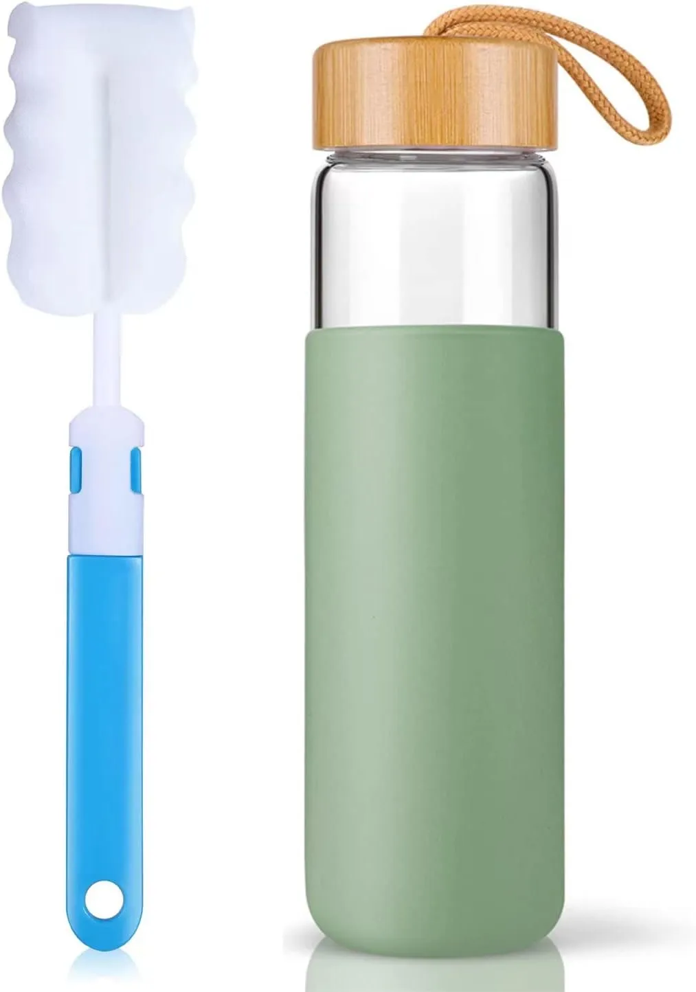 25 Oz Glass Water Bottle with Bamboo Lid - Borosilicate Glass Water Bottles with Sleeve, Wide Mouth and Dishwasher Safe Water Bottle Glass - Bonus 1x Brush(Olive)