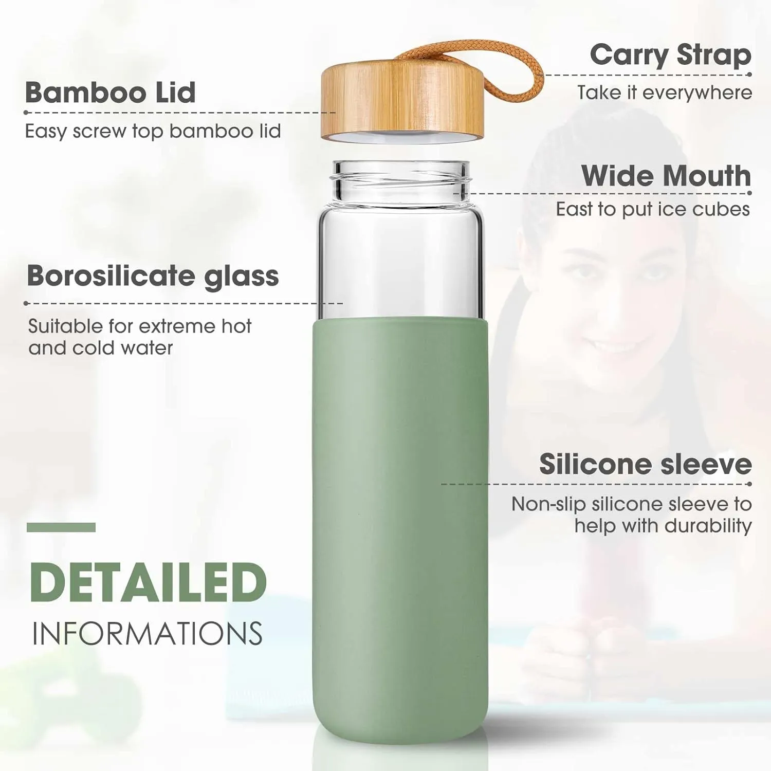 25 Oz Glass Water Bottle with Bamboo Lid - Borosilicate Glass Water Bottles with Sleeve, Wide Mouth and Dishwasher Safe Water Bottle Glass - Bonus 1x Brush(Olive)