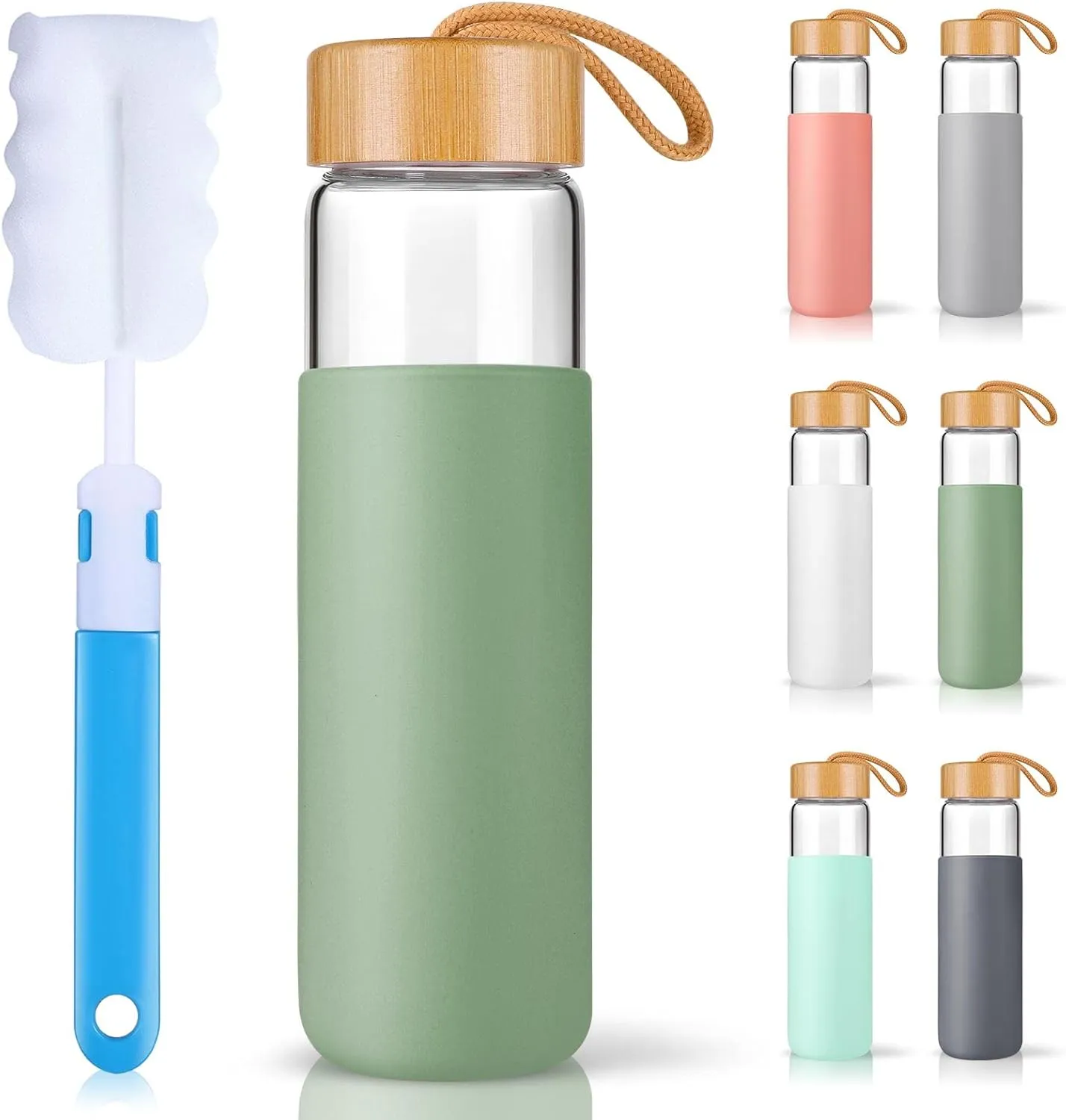 25 Oz Glass Water Bottle with Bamboo Lid - Borosilicate Glass Water Bottles with Sleeve, Wide Mouth and Dishwasher Safe Water Bottle Glass - Bonus 1x Brush(Olive)