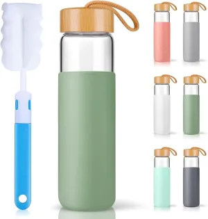 25 Oz Glass Water Bottle with Bamboo Lid - Borosilicate Glass Water Bottles with Sleeve, Wide Mouth and Dishwasher Safe Water Bottle Glass - Bonus 1x Brush(Olive)