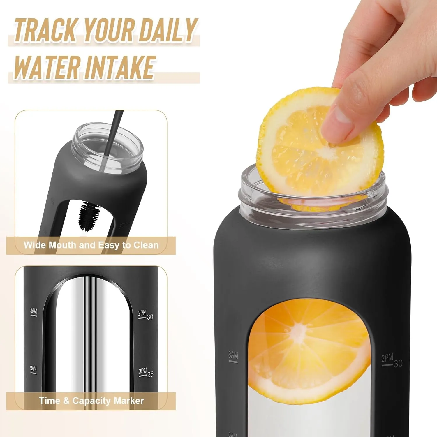25 oz Glass Water Bottles - Motivational Tumbler With Time Marker - Borosilicate Glass Bottle, Silicone Sleeve, 2 Lids (Handle Spout & Bamboo Straw), Black