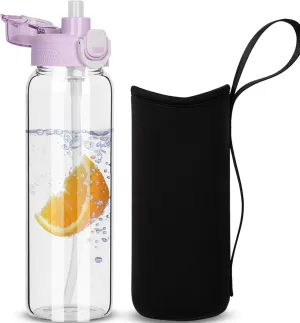 26 oz Sports Glass Water Bottle with Straw & Neoprene Sleeve BPA free Glass Drinking Bottle for Gym, Travel, Smoothie