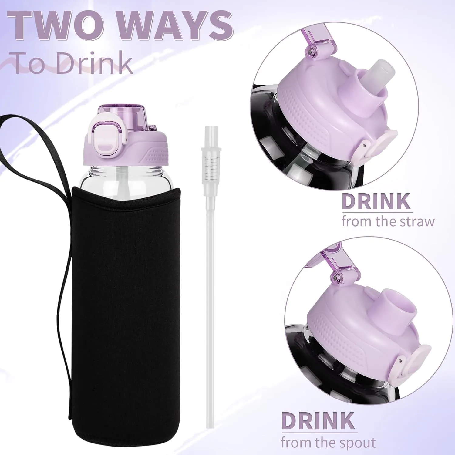 26 oz Sports Glass Water Bottle with Straw & Neoprene Sleeve BPA free Glass Drinking Bottle for Gym, Travel, Smoothie