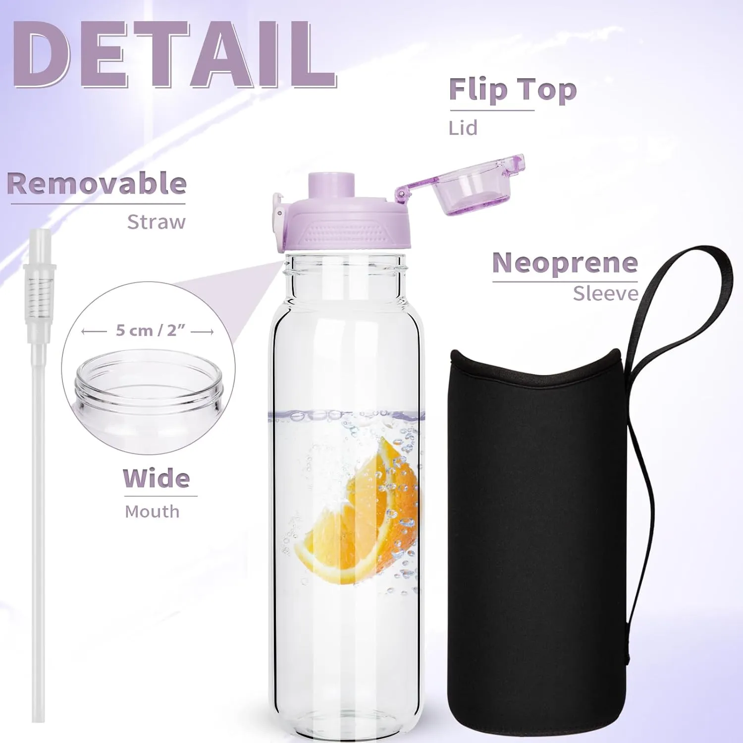 26 oz Sports Glass Water Bottle with Straw & Neoprene Sleeve BPA free Glass Drinking Bottle for Gym, Travel, Smoothie